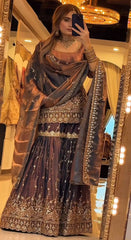 Exclusive Brown Heavy Fandy Silk Embroidery Sharara Suit