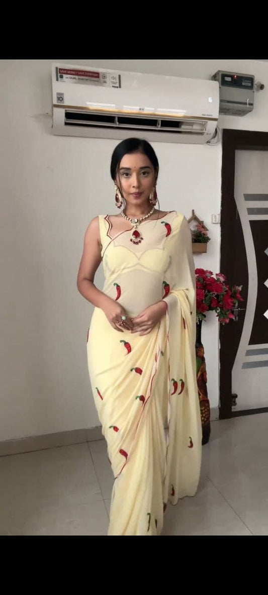 Stunning Embroidery Work Cream Color Ready To Wear Saree