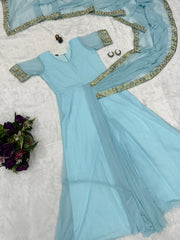 Captivating Embroidery Work Sky Blue Color Saree Gown