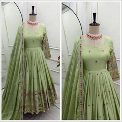 Stunning Embroidery Work Pista Color Anarkali Gown