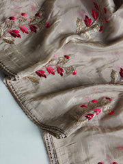 Exclusive Beige Embroidery Work Silk Saree