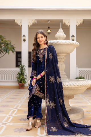 Amazing Navy Blue Velvet Embroidery Work Kurti Set