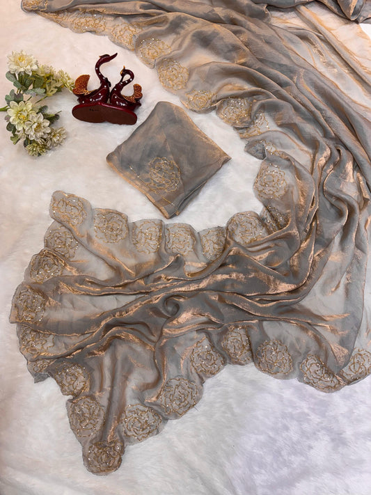 Wedding & Party Wear Beautiful Katdana Handwork Grey Color saree