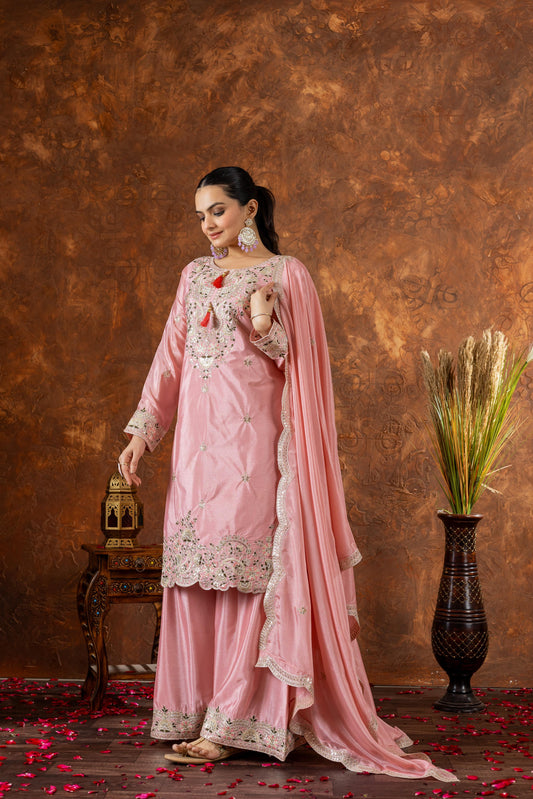 Stunning Chinon Silk Pink Color Color Palazzo Suit