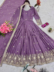 Alluring Purple Heavy Diamond Silk Embroidery Work Gown