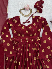 Attractive Maroon Jacquard Weaving Anarkali Suit