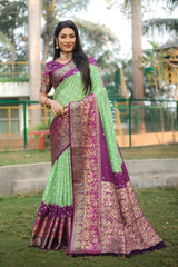 Wonderful Bandhani Wine With Pista Kanjivaram Silk Saree