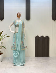 Designer Georgette Sky Blue Color Lehenga Saree With Koti