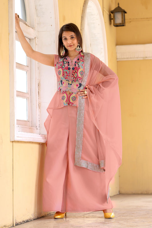 Beautiful Embroidery Work Pink Color Palazzo Suit With Koti