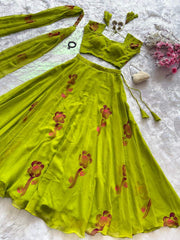 Innovative Green Georgette Hand Painted Lehenga