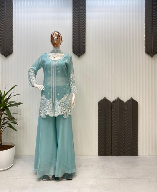 Outstanding Sequence Embroidery Work Sky Blue Color Palazzo Suit