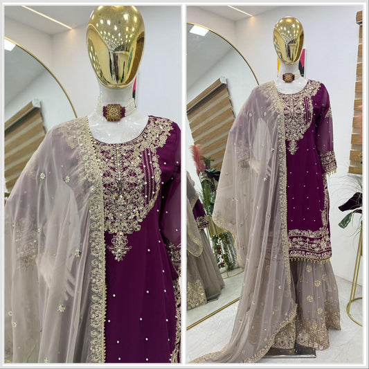 Decent Georgette Rani Color Sharara Suit