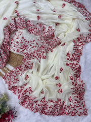 Stylish White Silk Thread Work Saree