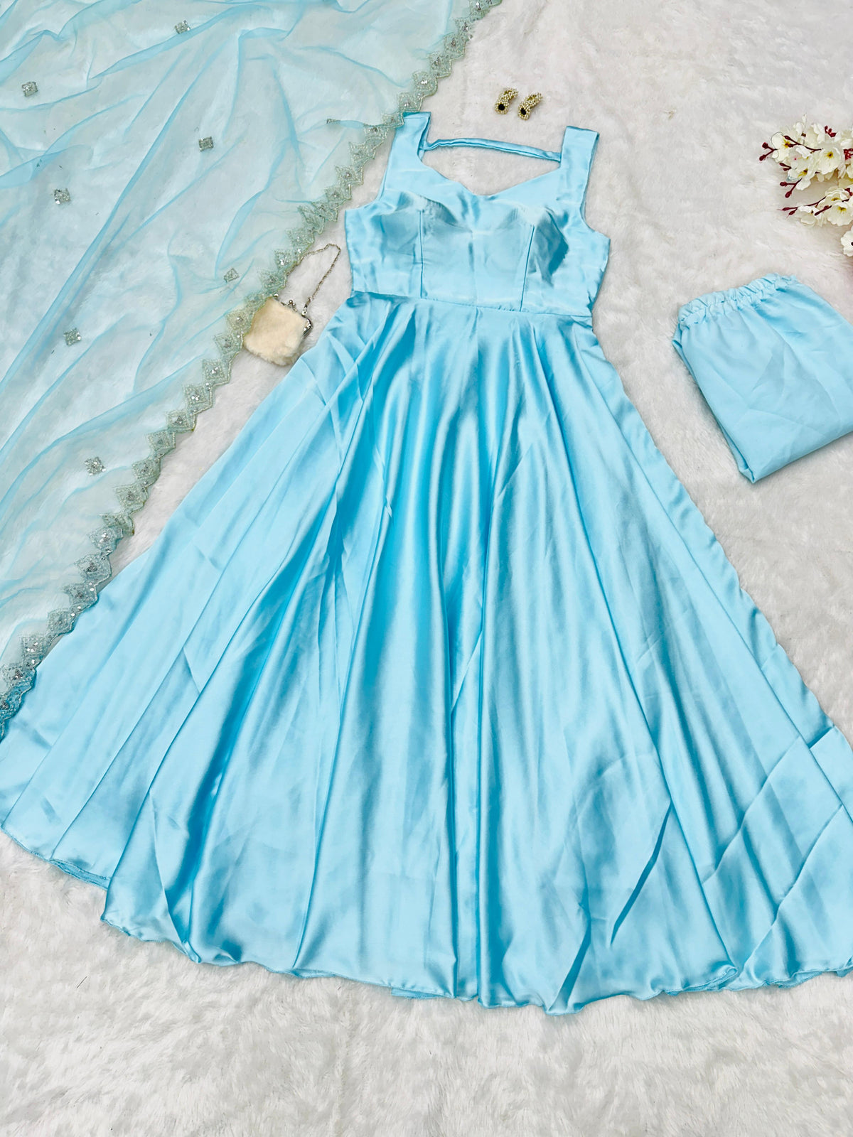 Wonderful Japan Satin Sky Blue Color Gown