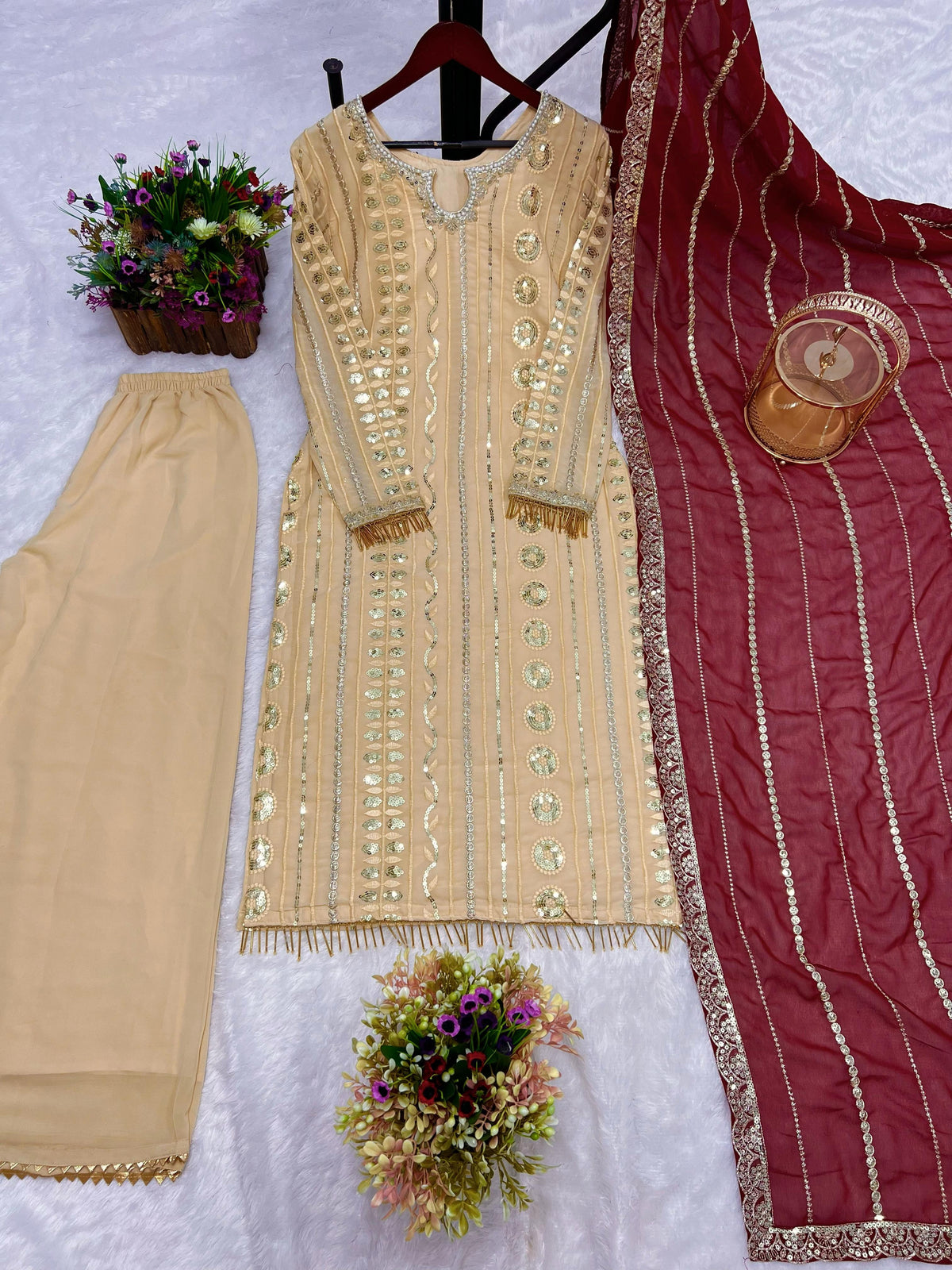 Preferable Georgette Beige Color Palazzo Suit