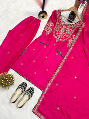 Pink Color Embroidery Work Stylish Straight Suit Set