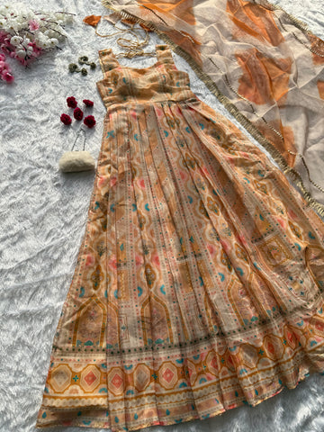 Trendy Peach Organza Digital Print Gown