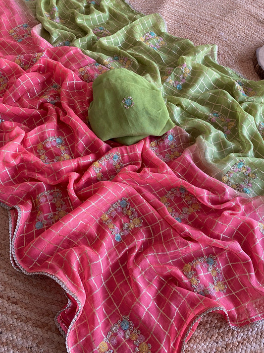 Fantastic Viscose Chiffon Pink & Perrot Color Saree