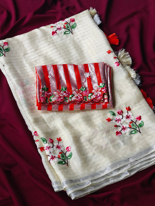 Off White Color Thread Embroidery Work Saree
