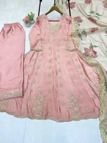 Alluring Pink Chinon Sequence Work Palazzo Suit