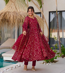 Lovely Red Sequence Work Georgette Gown