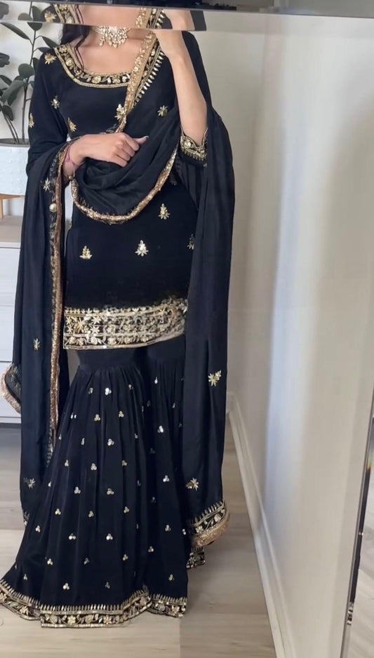 Heavy Work Black Color Unique Sharara Suit