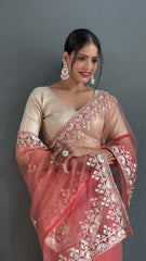 Outstanding Butterfly Net Pink Color Saree