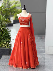 Opulent Red Color Georgette Hand Painted Lehenga