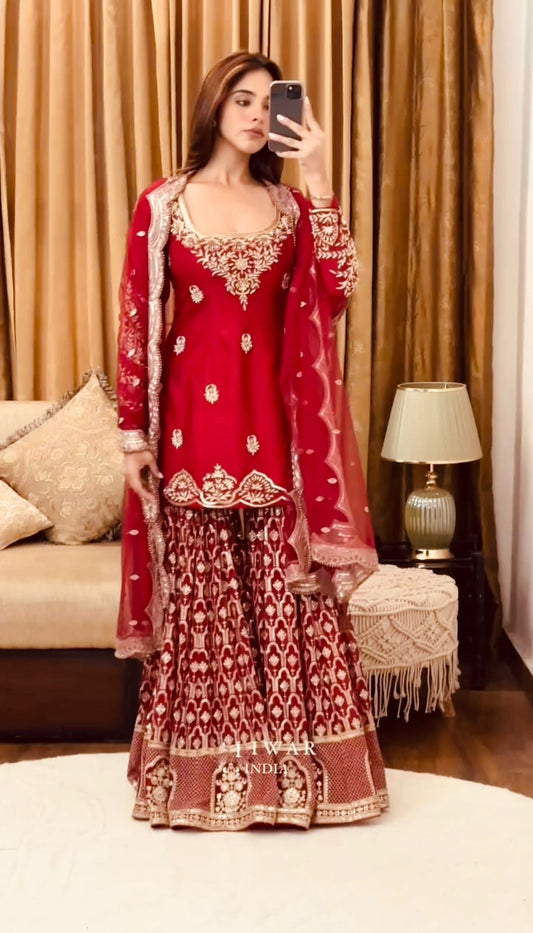 Trendy Red Georgette Sequence Work Sharara Suit