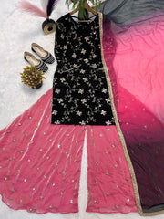 Stylish Black Crushi Silk Sequence Work Sharara Suit