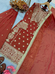 Superhit Banarasi Silk Sequence Work Orange Color Sharara Suit