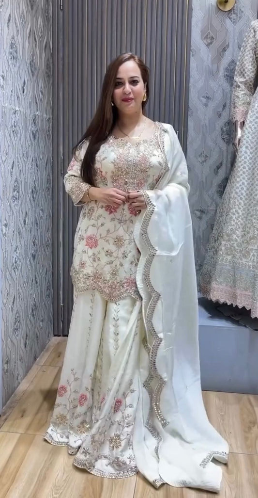 Demanding Sequence And Thread Work White Color Sharara suit