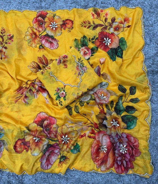 Classy Floral Print Yellow Color Cut Work Saree