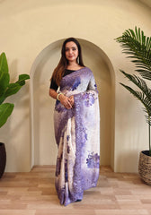 Classic Purple Color Digital Print Organza Saree