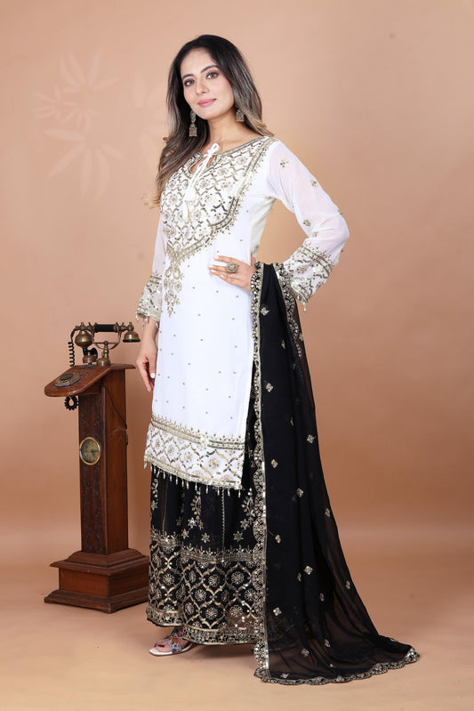 Exclusive Heavy Work White Color Suit Black Sharara