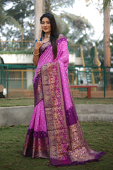 Wonderful Bandhani Wine With Pink Kanjivaram Silk Saree