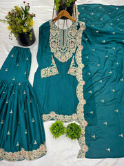 Attractive Chinon Silk Teal Blue Color Sharara Suit