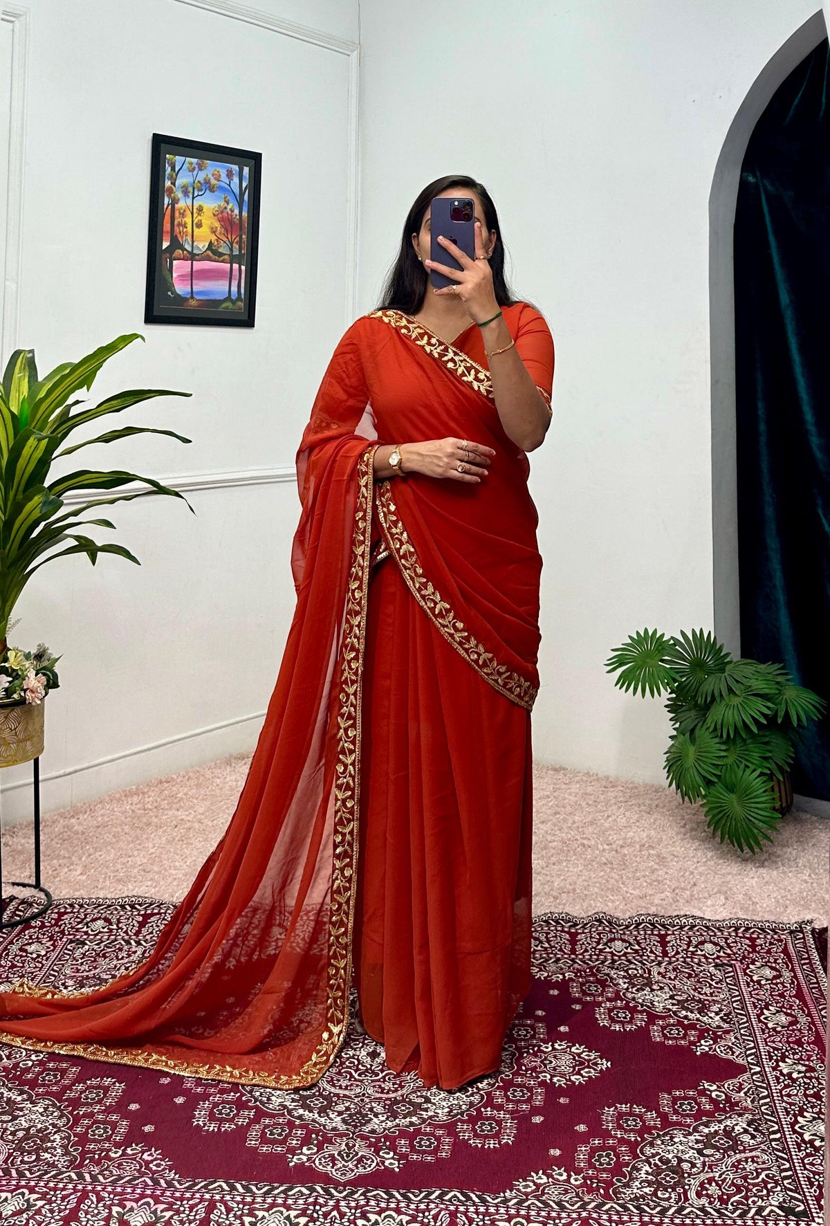 Captivating Embroidery Work Orange Color Saree Gown