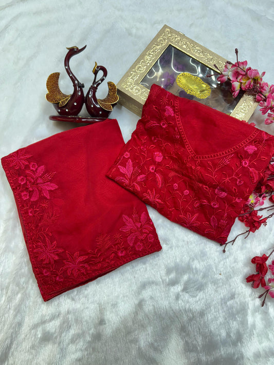 Fancy Organza Embroidery Work Red Color Saree