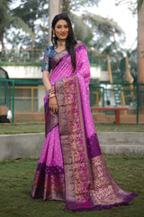 Wonderful Bandhani Wine With Pink Kanjivaram Silk Saree