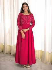 Trendy Red Roman Silk With Embroidery Work Gown