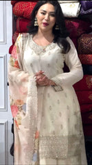 Preferable Chinnon Silk Sequence Work White Color Palazzo Suit