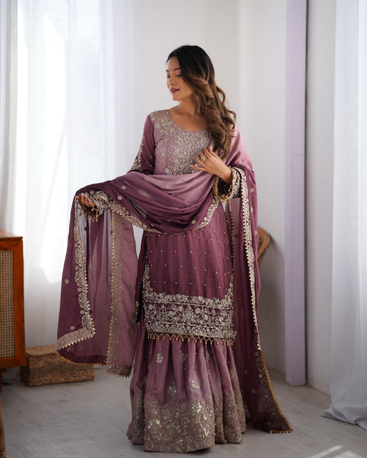 Designer Chinon Silk Rivet Moti Onion Color Sharara Suit