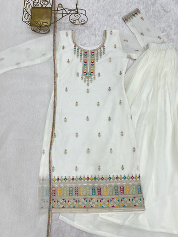 Charming White Silk Fancy Embroidery Sharara Suit