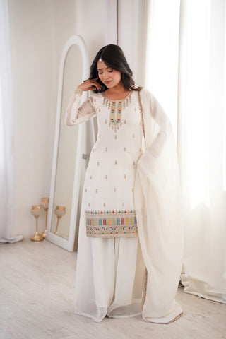 Charming White Silk Fancy Embroidery Sharara Suit