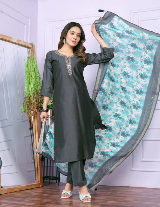 Amazing Grey Hand Work Kurti Set Printed Dupatta