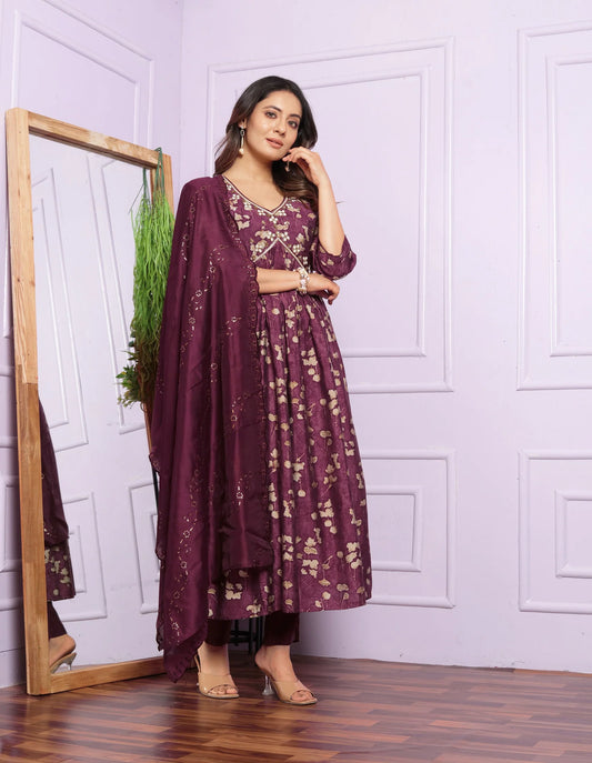 Innovative Wine Color Aalia Cut Kurta Set With Dupatta