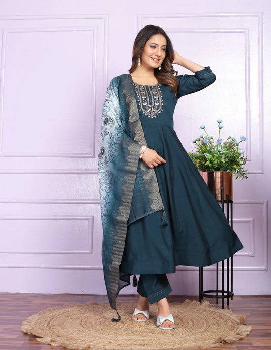 Party Wear Fantastic Hand Work Navy Blue Round Kurti Anarkali Suit