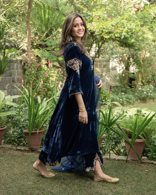 Charming Blue Color Embroidery Sequence Velvet Plazzo Suit