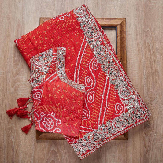 Bandhani Print Red Color Crochet Work Saree